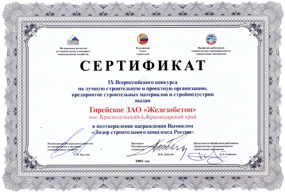 Сертификат Лидер 2005